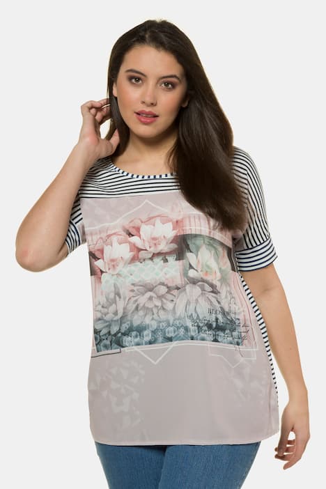 Stripe Floral Photo Oversized Fit Stretch Top