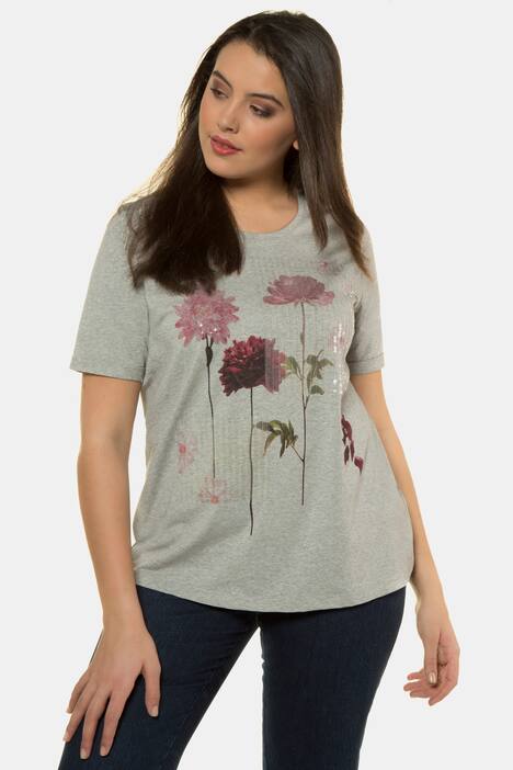 T-Shirt, Blütenmotiv, Classic, Paillettenstreifen