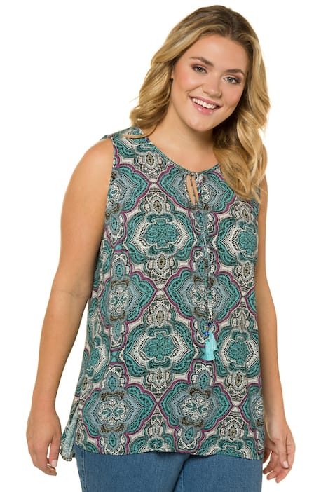 Moroccan Print Round Neck Tassel Tie Tank