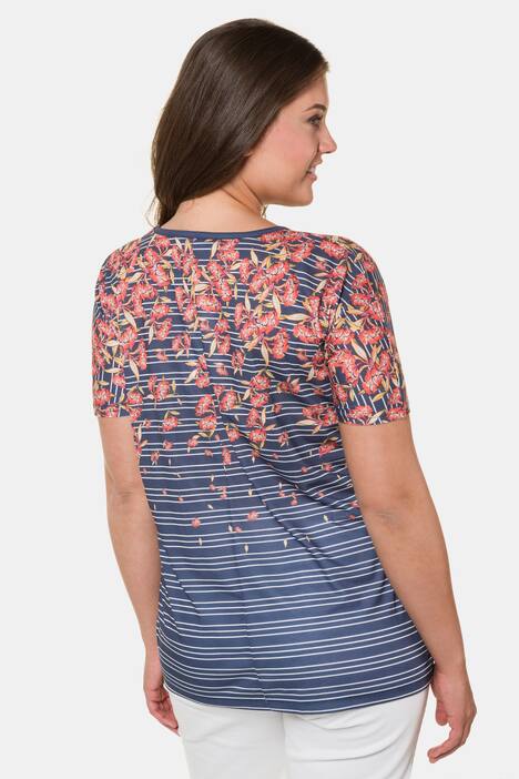Ringelshirt, Blütenmuster, Oversized, V-Ausschnitt