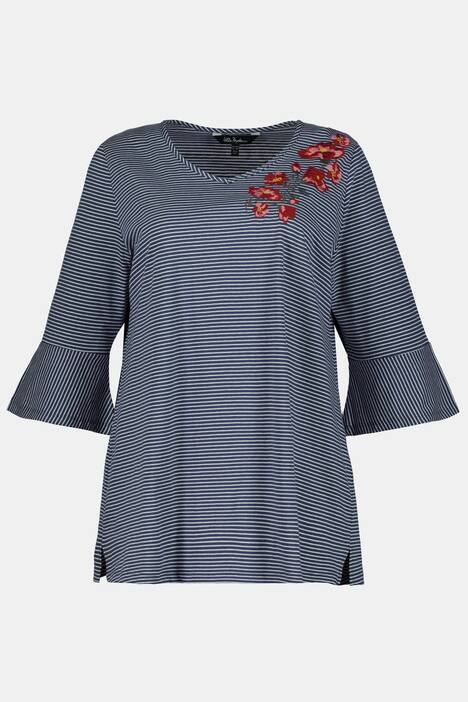 Ringelshirt, Blütenstickerei, A-Linie, 3/4-Volantärmel