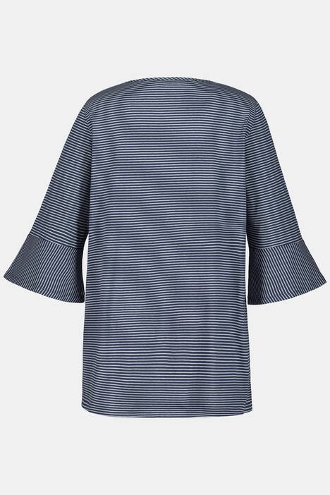 Ringelshirt, Blütenstickerei, A-Linie, 3/4-Volantärmel