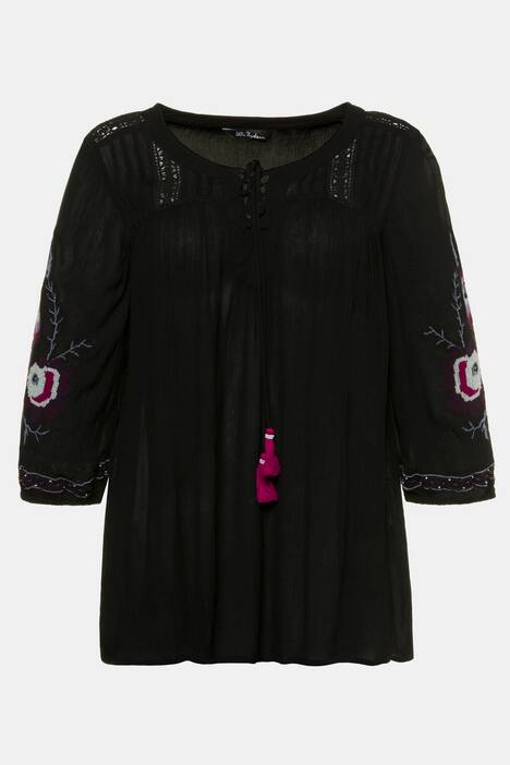 Tunika, Ärmelstickerei, Schnürung, 3/4-Arm