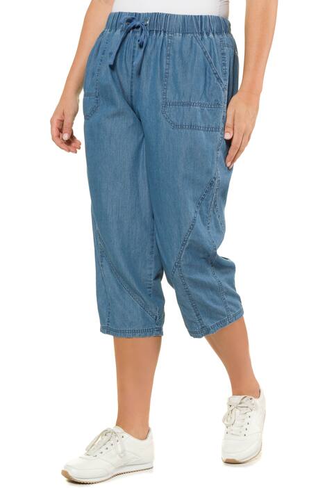 Seam Detail Elastic Waist Denim Crop Pants