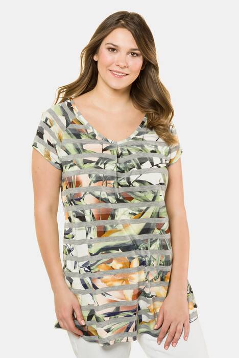 T-Shirt, exotisches Streifenmuster, A-Linie, Zierfalte