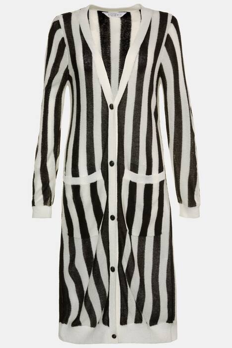 Long Stripe Duster Length Patch Pocket Cardigan Sweater