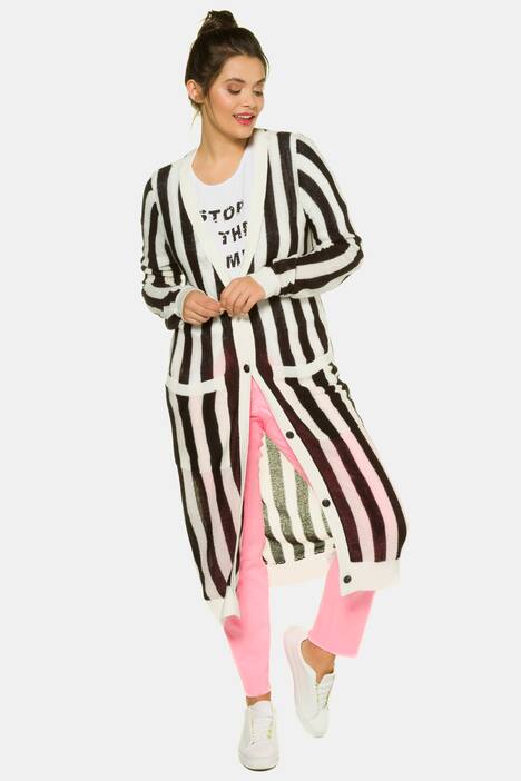 Long Stripe Duster Length Patch Pocket Cardigan Sweater
