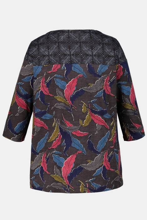 Shirt, Feder-/Grafik-Muster, länger geschnitten, 3/4-Ärmel