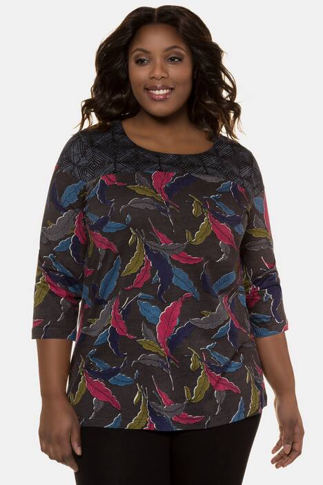 Shirt, Feder-/Grafik-Muster, länger geschnitten, 3/4-Ärmel