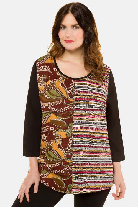 Shirt, Mustermix, länger geschnitten, schwarze 3/4-Ärmel