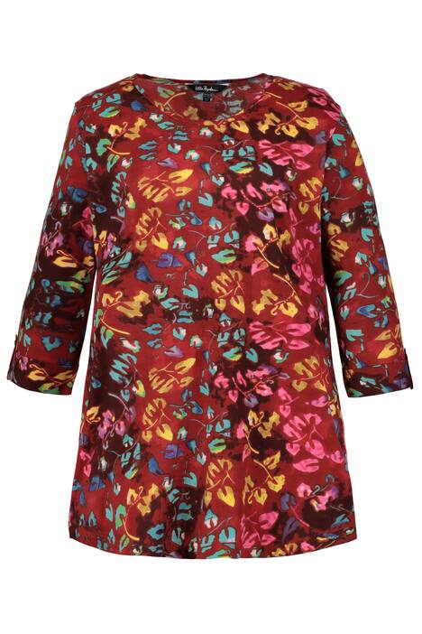 Colorful Leaf Print Roll Sleeve Cotton Knit Tunic
