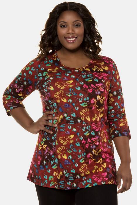 Colorful Leaf Print Roll Sleeve Cotton Knit Tunic