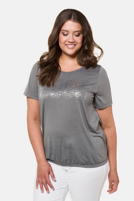 Cool Metallic Lettering Round Neck Burnout Knit Top
