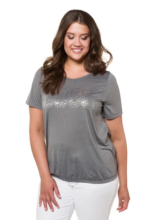 Cool Metallic Lettering Round Neck Burnout Knit Top