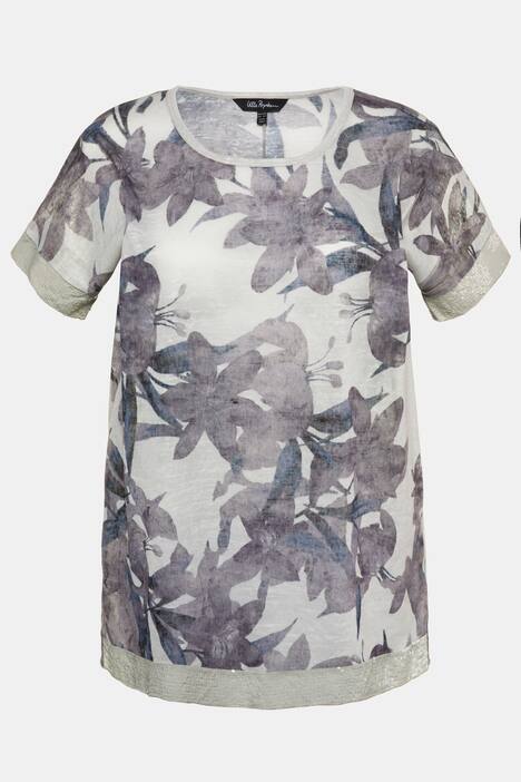 Faded Floral Sequin Trim Round Neck Knit Top