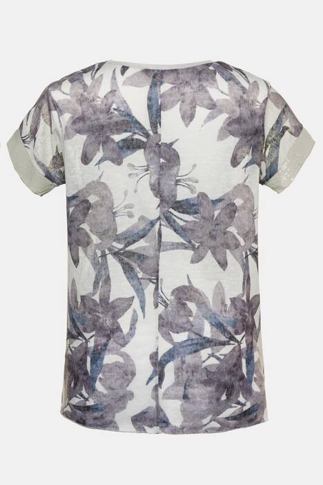 Faded Floral Sequin Trim Round Neck Knit Top