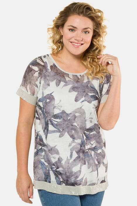 Faded Floral Sequin Trim Round Neck Knit Top