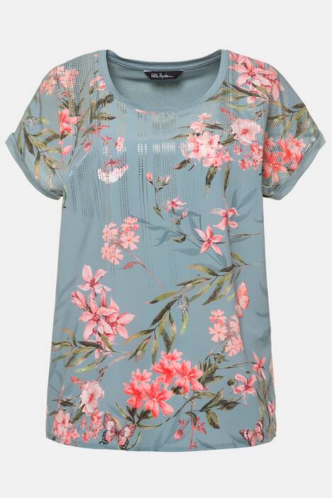 T-Shirt, Blütenmuster, Oversized, Rücken uni