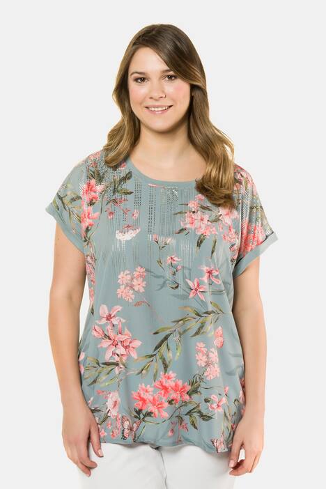 T-Shirt, Blütenmuster, Oversized, Rücken uni