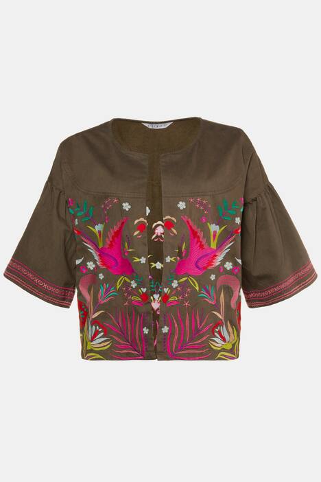 Jacke, offener Kimono, Stickerei, gekräuselte 3/4-Ärmel