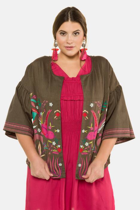 Jacke, offener Kimono, Stickerei, gekräuselte 3/4-Ärmel