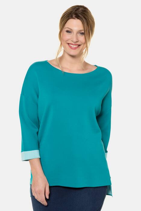 Hi-Low Boat Neck Roll Sleeve Knit Top
