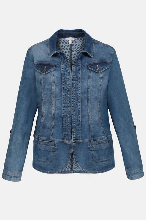 Jeansjacke, Schößchensaum, Tupfendruck innen