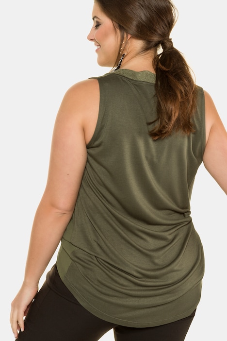 Hi-Low Mixed Fabric V-Neck Tank Tunic