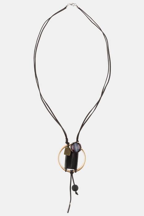 Kette, Metallic-Ring, Leder, lange Form, doppelreihig