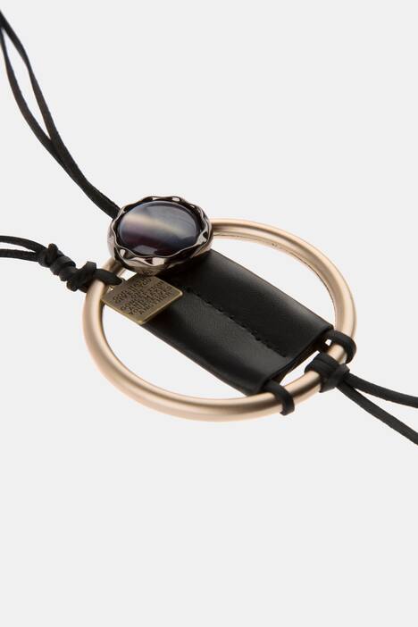 Kette, Metallic-Ring, Leder, lange Form, doppelreihig