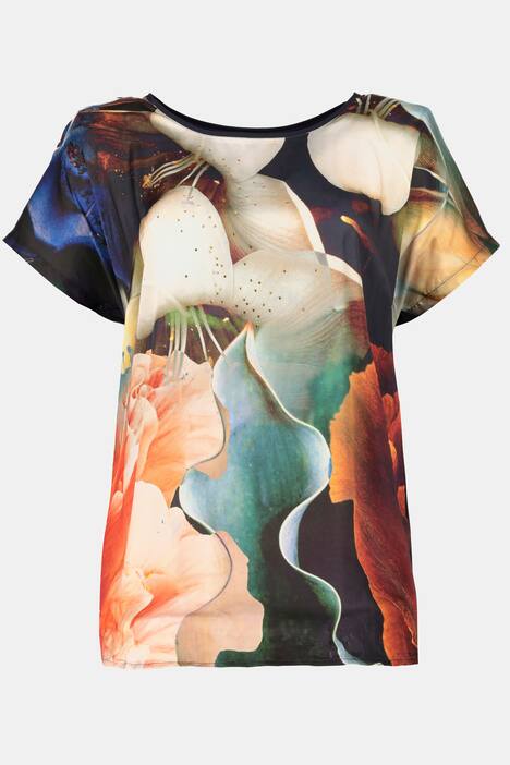 Shirt, Blütendesign, Oversized, Rücken uni, Ziersteine