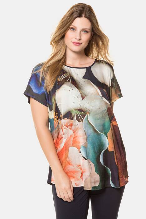 Shirt, Blütendesign, Oversized, Rücken uni, Ziersteine
