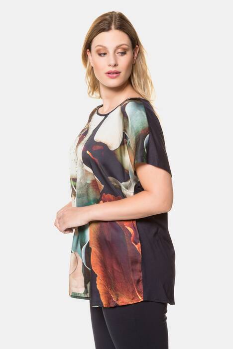 Shirt, Blütendesign, Oversized, Rücken uni, Ziersteine