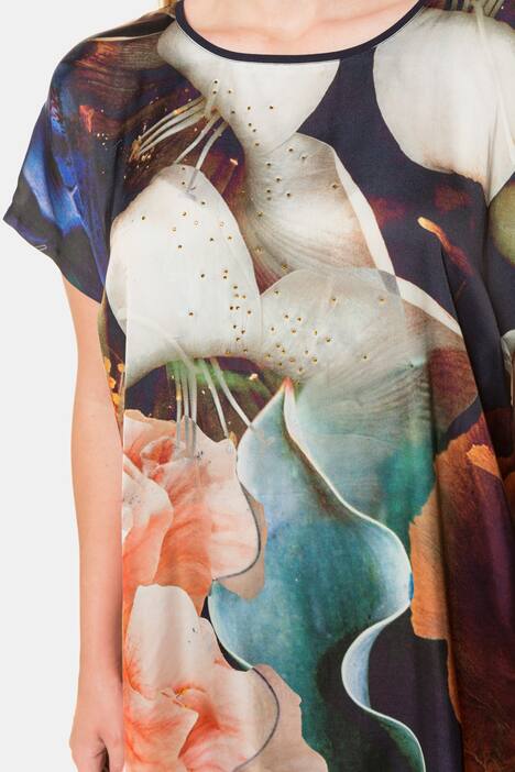 Shirt, Blütendesign, Oversized, Rücken uni, Ziersteine