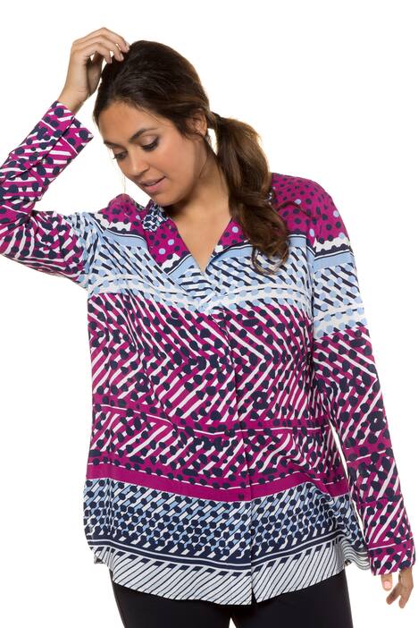 Unique Graphic Print Stripe Snap Front Blouse