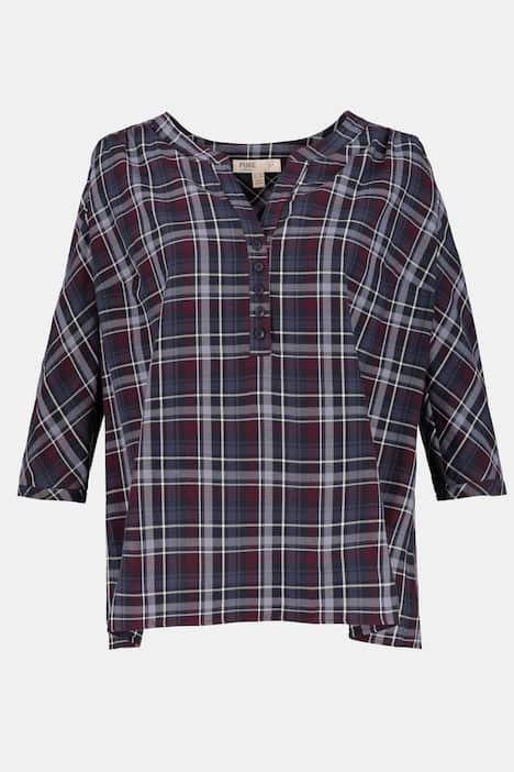 Eco Cotton Open Round Neck Button Plaid Shirt