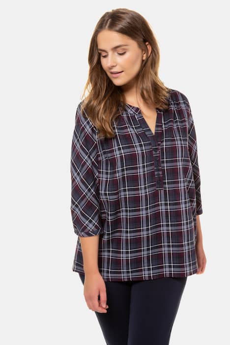 Eco Cotton Open Round Neck Button Plaid Shirt