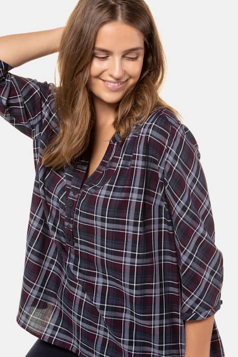 Eco Cotton Open Round Neck Button Plaid Shirt