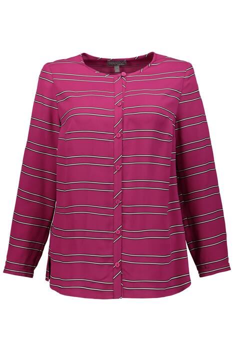 Stripe Button Front Round Neck Long Sleeve Blouse