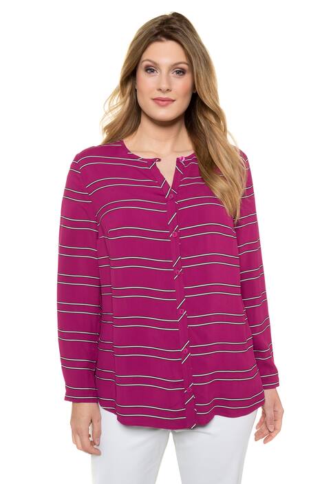 Stripe Button Front Round Neck Long Sleeve Blouse