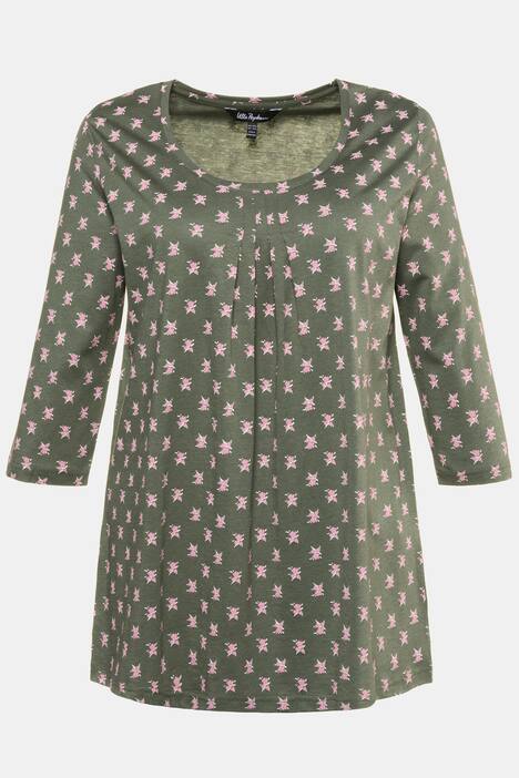 Shirt, Blümchenmuster, A-Linie, Zierfalten, 3/4-Arm