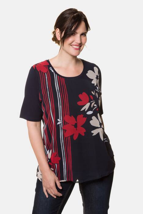 Floral Chiffon Layer Round Neck Knit Top