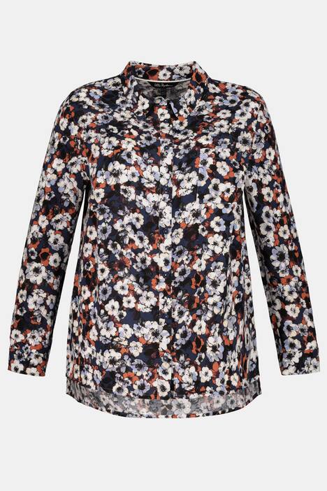 Blouse, overhemdkraag, achter langer, borstzakje