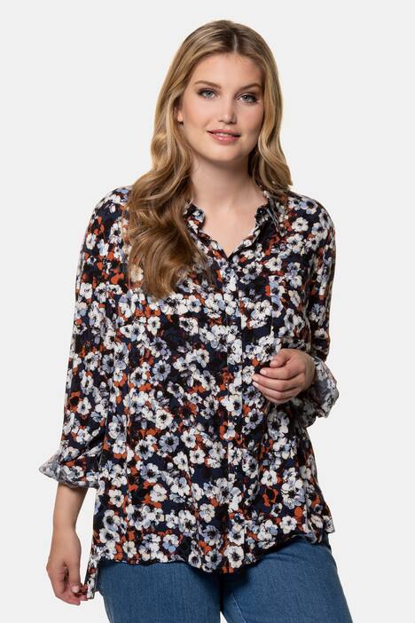 Blouse, overhemdkraag, achter langer, borstzakje