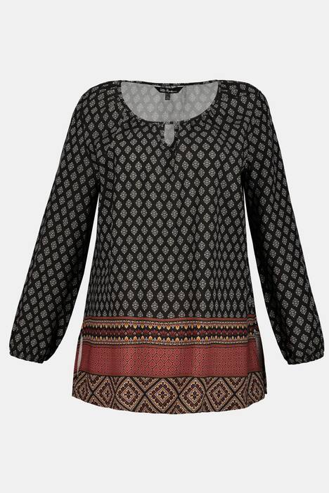 Border Print Round Neck Keyhole Long Sleeve Blouse
