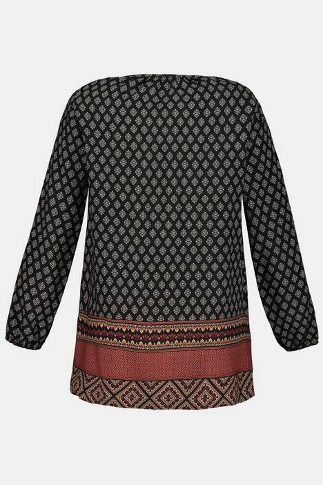 Border Print Round Neck Keyhole Long Sleeve Blouse
