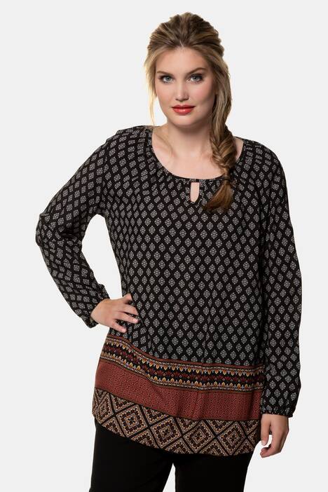 Border Print Round Neck Keyhole Long Sleeve Blouse