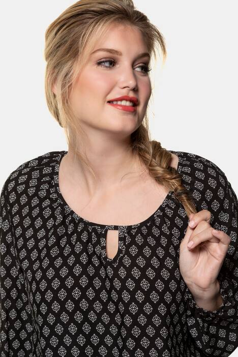 Border Print Round Neck Keyhole Long Sleeve Blouse