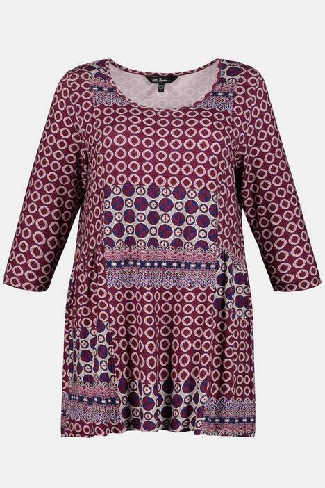 Longshirt, Patchmuster, A-Linie, hinten länger, 3/4-Arm