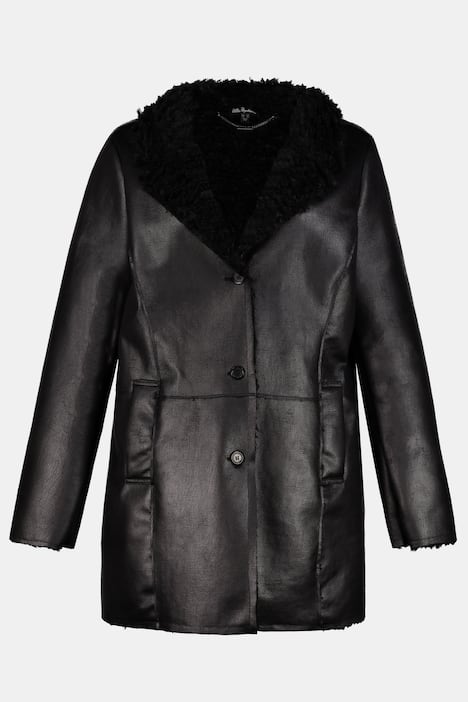 Faux Leather Fur Lined Button Front Coat